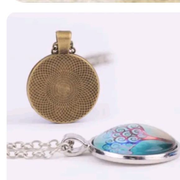 OM Symbol Cabochon Tibetan silver Glass Chain Pendant Necklace - Picture 3 of 5